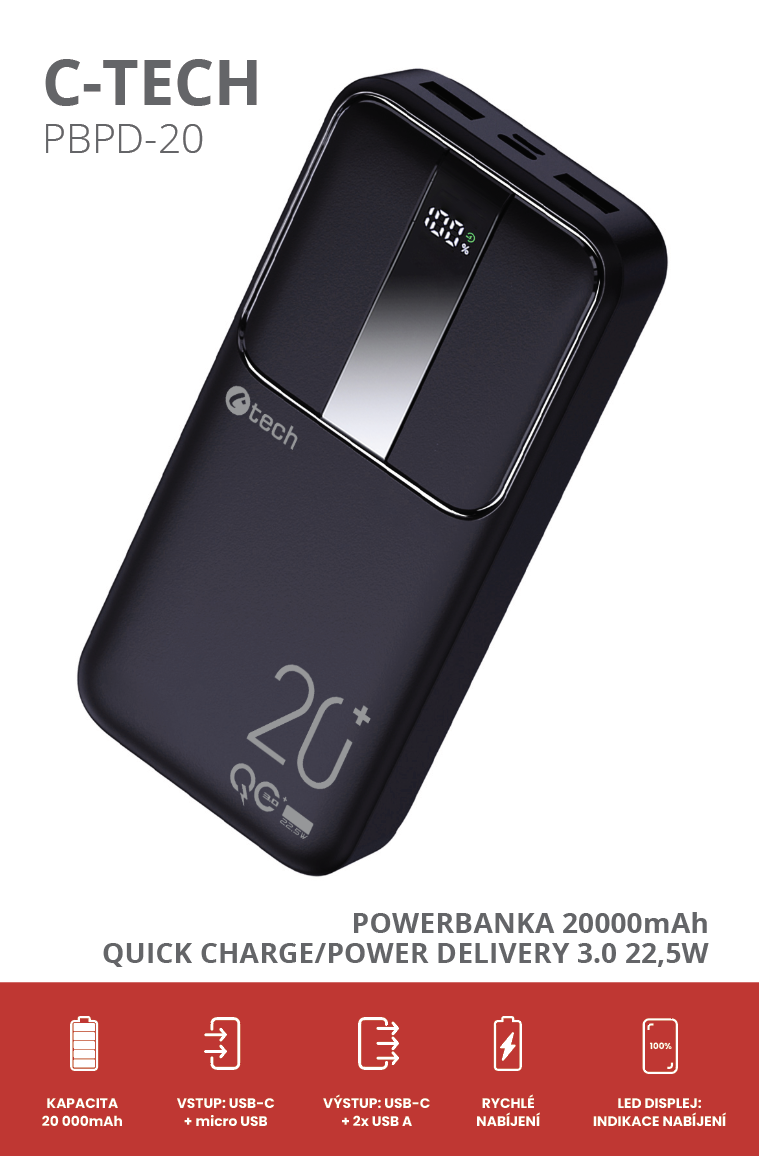 C-tech Powerbanka 20000mAh, Li-Pol, 22,5W, USB-C/USB-A/micro USB
