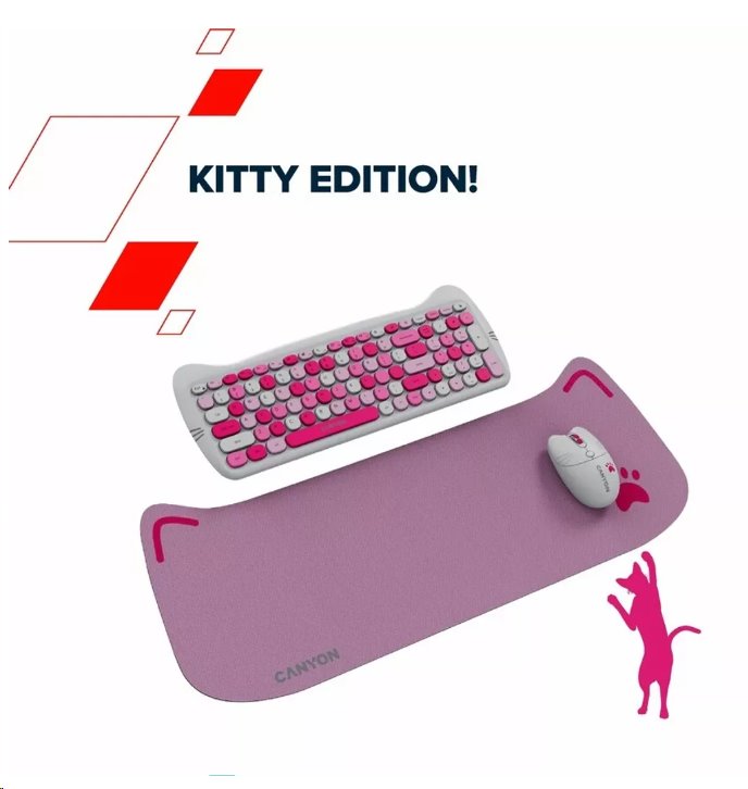 CANYON Kitty edition HSET-W6, bezdrôtová klávesnica SET + optická myš + ochranné puzdro + podložka, ružová