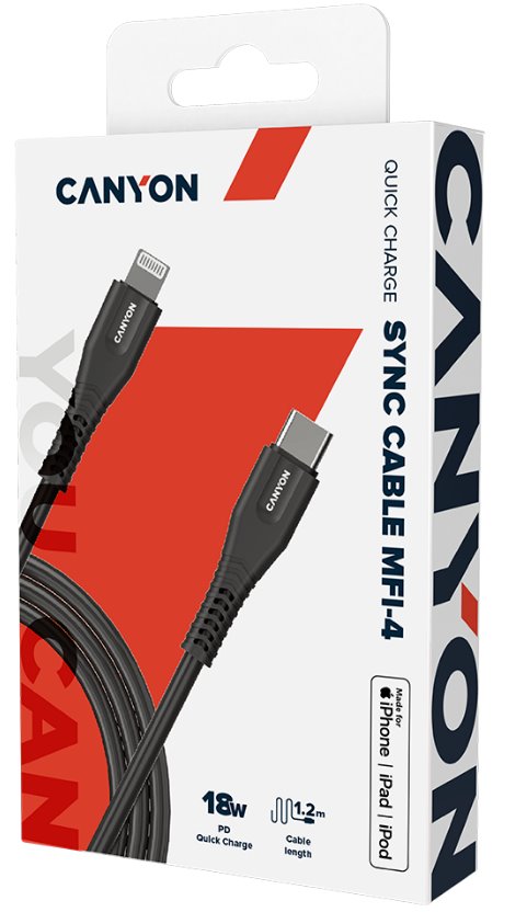 CANYON nabíjecí kabel Lightning MFI-4, USB-C Power delivery 18W, Apple certifikát, délka 1.2m, černá