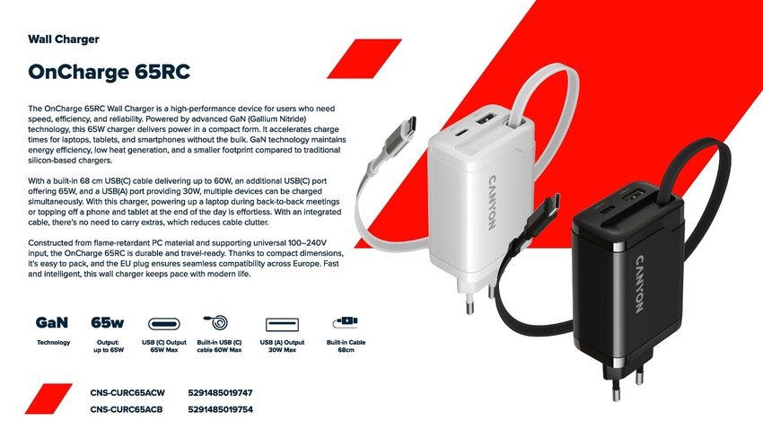 CANYON OnCharge 65RC Build-In Cable USB-C 65W 1xPD 1xQC EU Black nabíječka