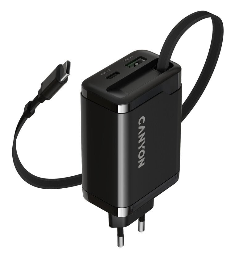 CANYON OnCharge 65RC Build-In Cable USB-C 65W 1xPD 1xQC EU Black nabíječka