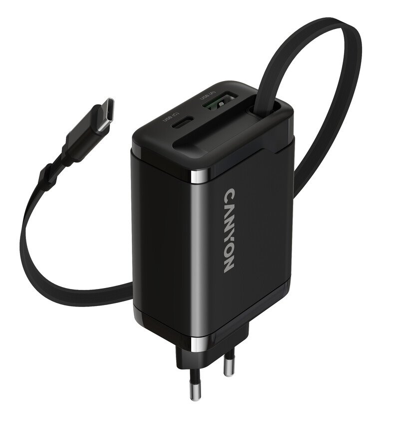 CANYON OnCharge 65RC Zabudovaný kábel USB-C 65W 1xPD 1xQC EU Čierna nabíjačka