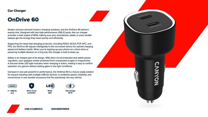 CANYON OnDrive 60 PD 60W 2xUSB-C Black nabíječka do auta