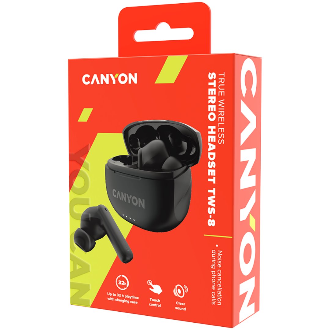 CANYON TWS8B Bluetooth bezdrátová sluchátka s mikrofonem, černá