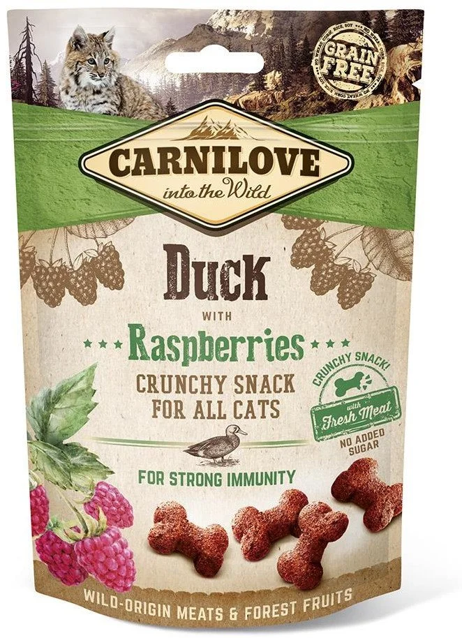 Carnilove Cat Crunchy Snack Duck with Raspberrypberries s čerstvým mäsom 50g pamlsky pre mačky