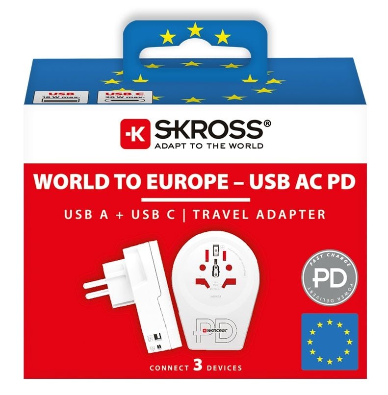 Cestovný adaptér SKROSS Europe USB A+C 20W pre cudzincov v Českej republike, typ E/F