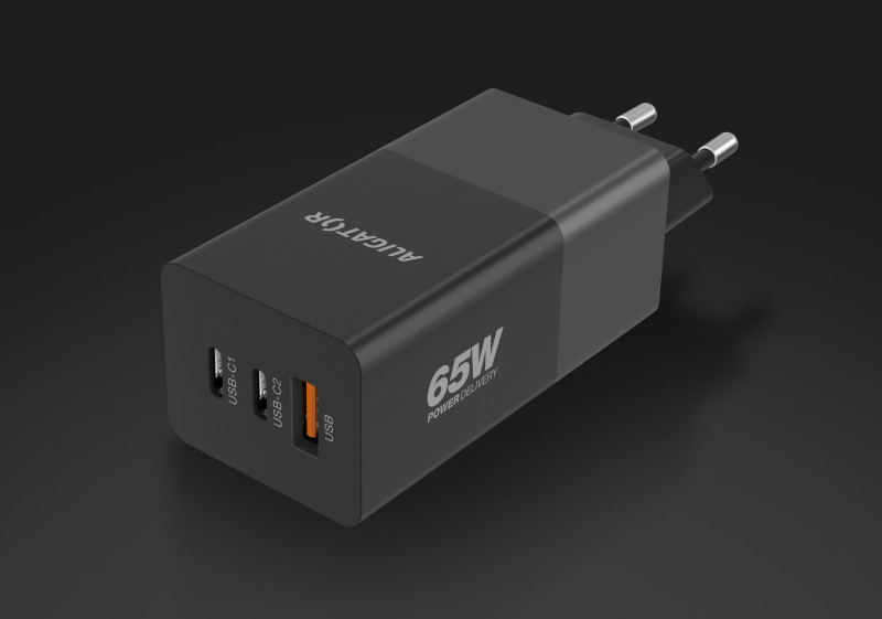 Chytrá síťová nabíječka ALIGATOR GaN, Power Delivery 65W, 2xUSB-C, 1xUSB-A, černá