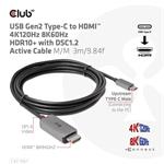 Club3D kábel USB-C na HDMI, 4K120Hz 8K60Hz HDR10 s DSC1.2, aktívny kábel, M/M, 3 m