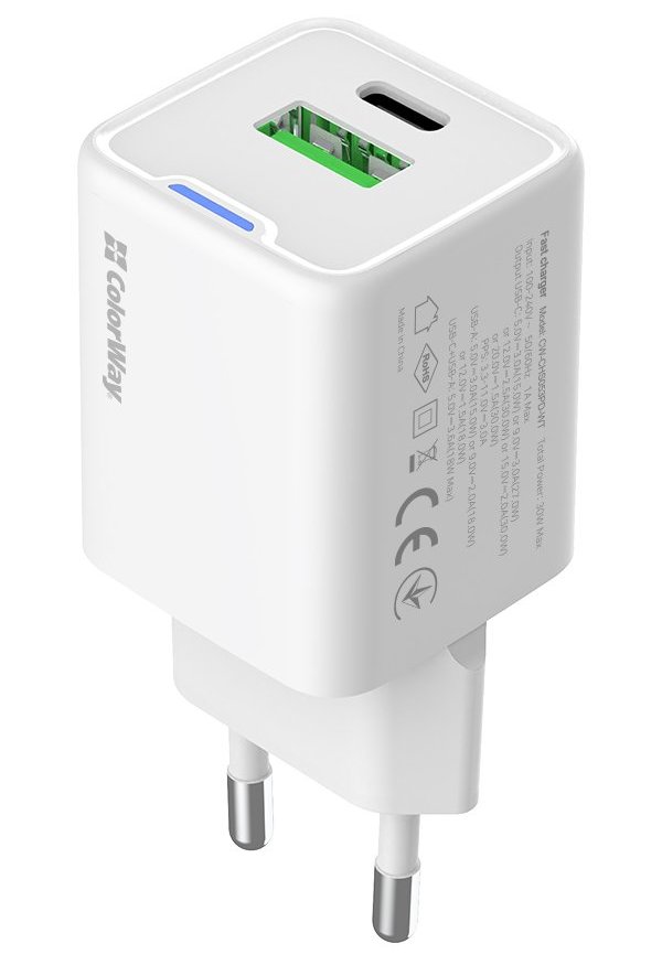 ColorWay 1x USB-C/ sieťová nabíjačka/ GaN/ PD/ PPS/ QC/ 30W/ biela