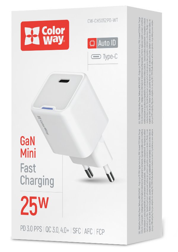ColorWay 1x USB-C/ síťová nabíječka/ GaN/ PD/ PPS/ 25W/ Bílá