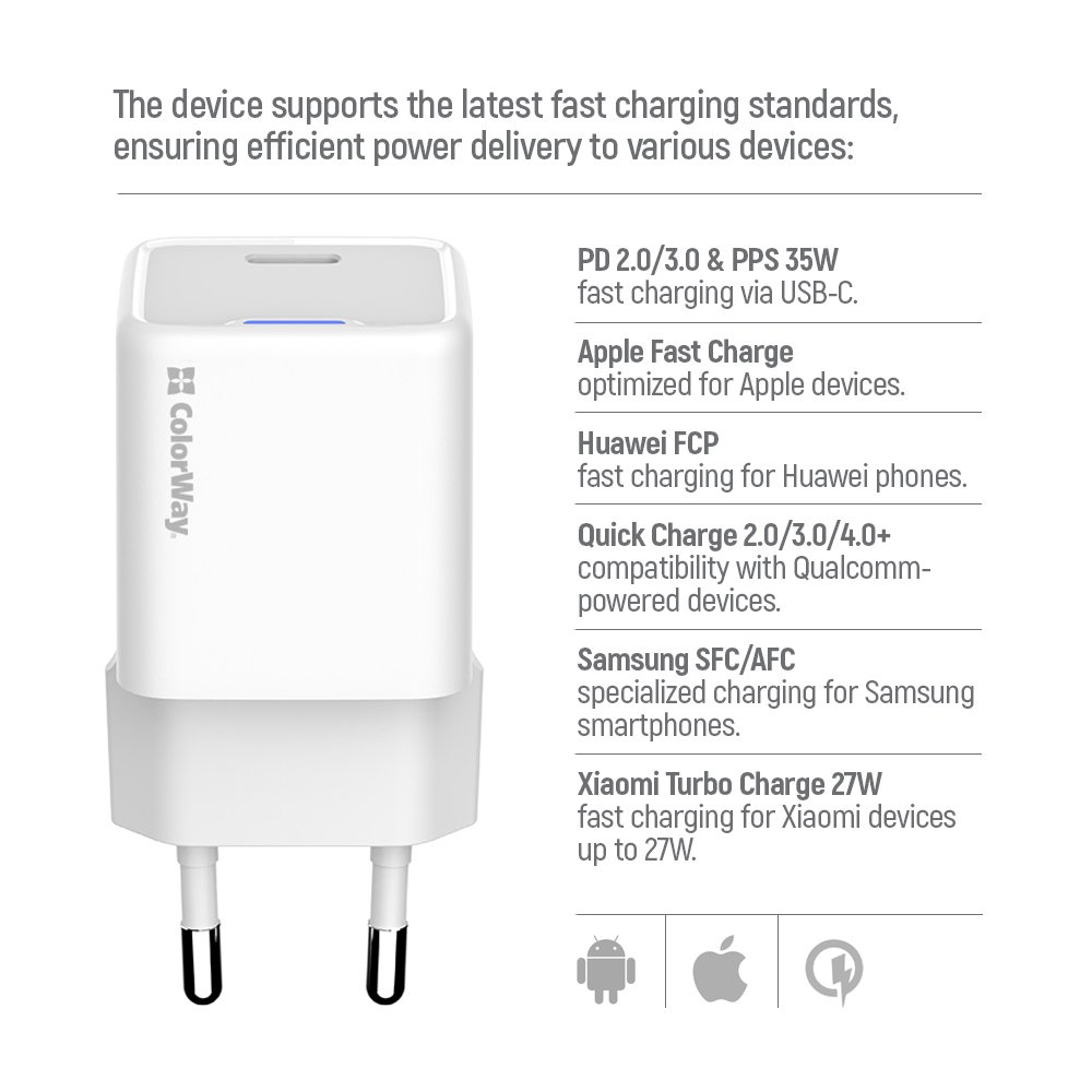 ColorWay 1x USB-C/ síťová nabíječka/ GaN/ PD/ PPS/ 35W/ Bílá