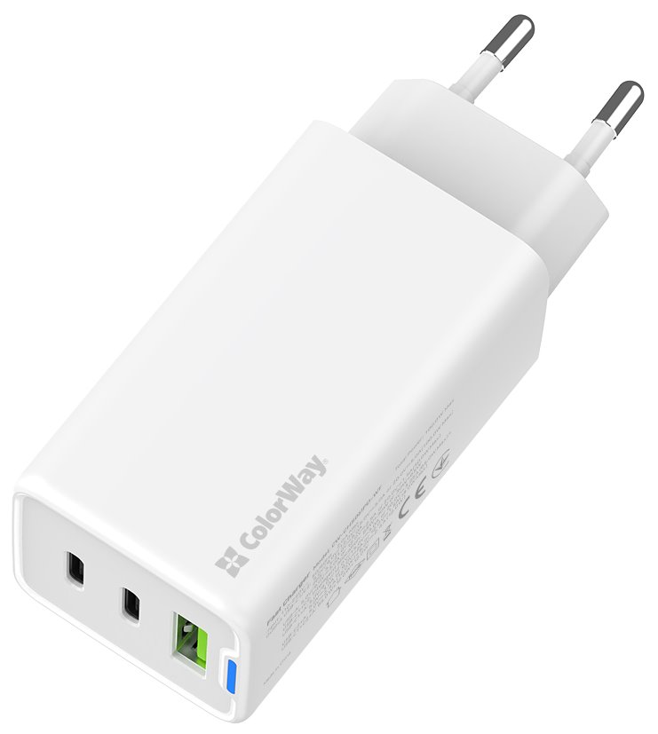 ColorWay 2x USB-C, 1x USB-A/ Sieťová nabíjačka/ GaN/ PD/ PPS/ 65W/ Biela