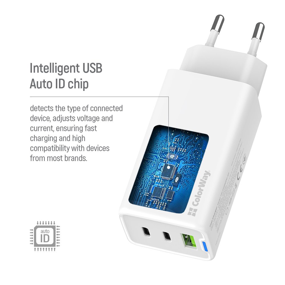 ColorWay 2x USB-C, 1x USB-A/ Sieťová nabíjačka/ GaN/ PD/ PPS/ 65W/ Biela