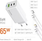 ColorWay 2x USB-C, 1x USB-A/ sieťová nabíjačka/ GaN/ PD/ PPS/ 65W, biela