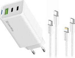ColorWay 2x USB-C, 1x USB-A/ sieťová nabíjačka/ GaN/ PD/ PPS/ 65W, biela
