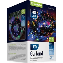 ColorWay LED reťaz / interiér / 200 LED diód / dĺžka 20 m / viacfarebné / 8 funkcií / napájanie cez USB