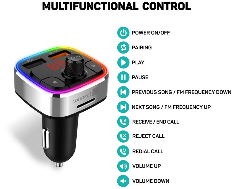 CONNECT IT CarRGB Bezdrôtový FM vysielač, 2xUSB+MicroSD, STRIEBORNÝ