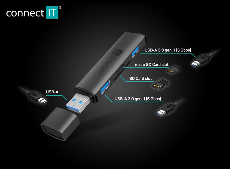 CONNECT IT COMPACT 4v1 USB-A hub + čítačka kariet