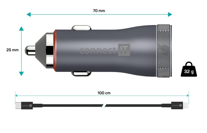 CONNECT IT InCarz DUPLEX nabíječka do auta, 2x USB-C, 1x Lightning,  ANTRACITOVÁ
