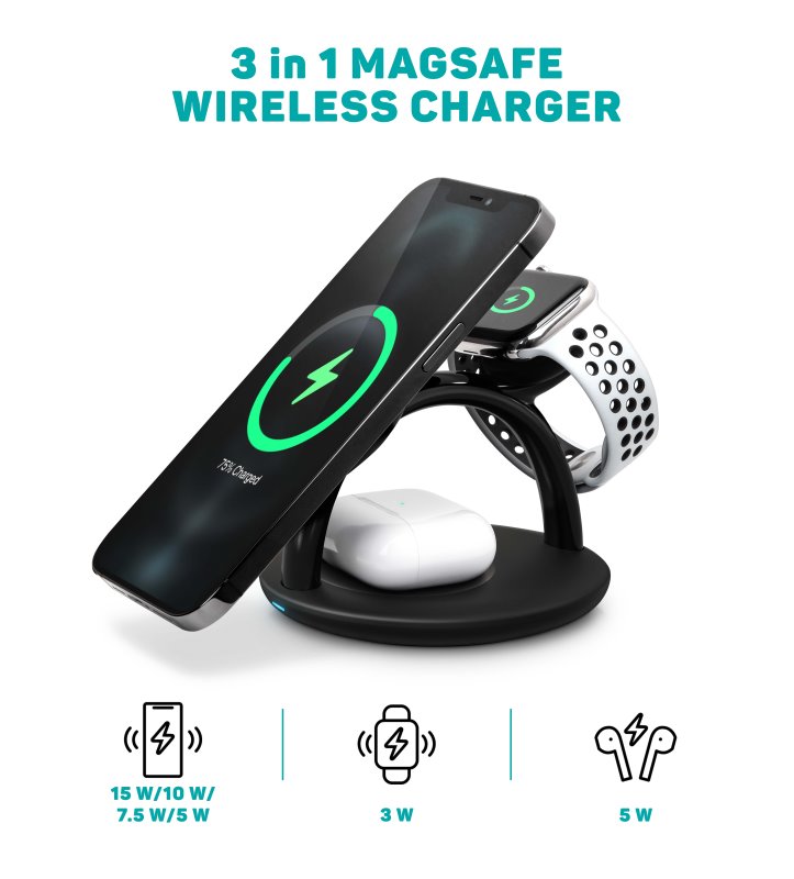 CONNECT IT MultiCharge 3 v 1 MagSafe Wireless Fast Charge Bezdrôtová nabíjačka, ČIERNA