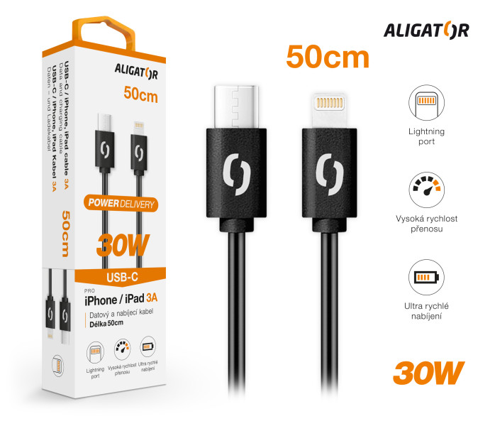 Dátový kábel ALIGATOR POWER 30W, USB-C/Lightning 3A, 0,5 m čierny