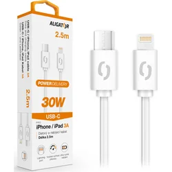 Dátový kábel ALIGATOR POWER 30W, USB-C/Lightning 3A, 2,5 m biely