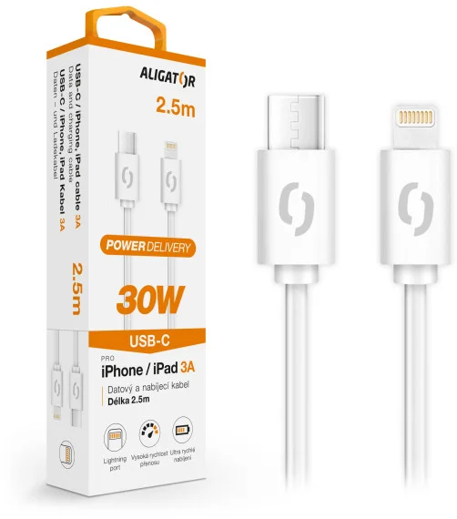 Datový kabel ALIGATOR POWER 30W, USB-C/Lightning 3A, 2,5m bílý
