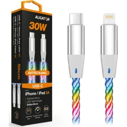 Dátový kábel ALIGATOR POWER 3A 30W, USB-C/Lightning, 0,5 m svetelný