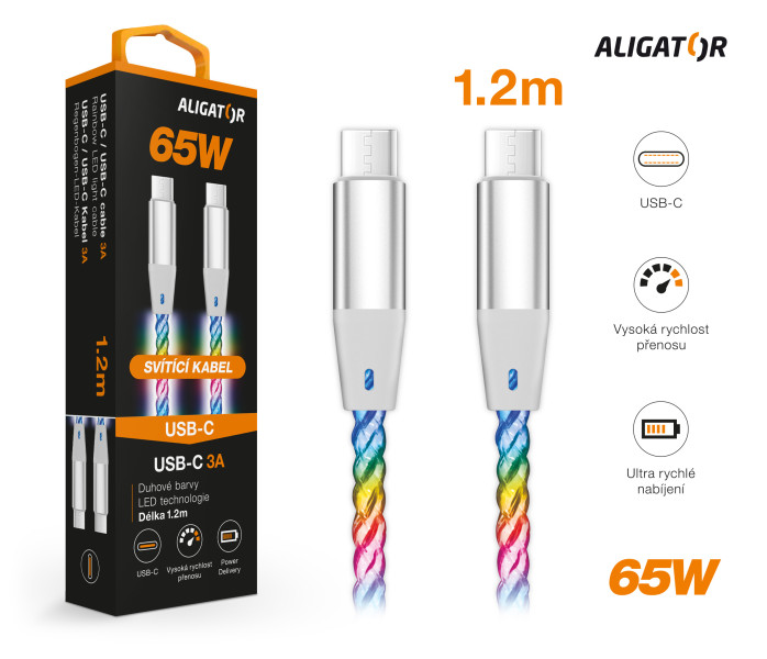 Dátový kábel ALIGATOR POWER 3A 65W, USB-C/USB-C, 1,2 m svetelný