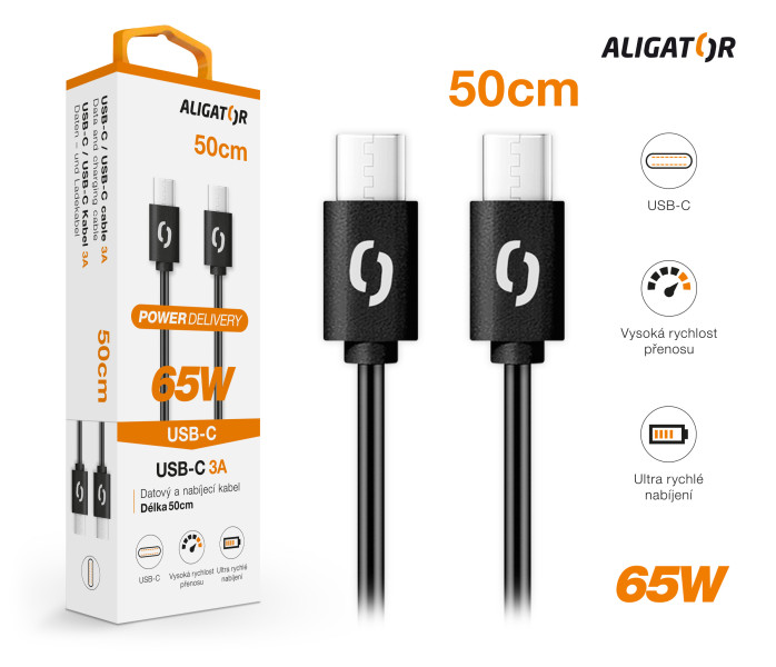 Dátový kábel ALIGATOR POWER 65W, USB-C/USB-C 3A, 0,5 m čierny