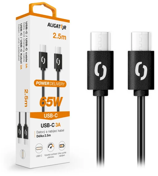 Dátový kábel ALIGATOR POWER 65W, USB-C/USB-C 3A, 2,5 m čierny