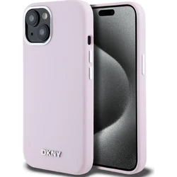 DKNY Liquid Silicone Silver Metal Logo Magsafe zadný kryt pre iPhone 15 Pink
