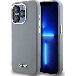 DKNY Liquid Silicone Silver Metal Logo Magsafe zadný kryt pre iPhone 15 Pro Grey
