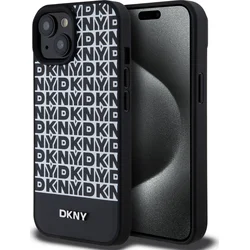 DKNY PU kožený zadný kryt MagSafe s opakujúcim sa vzorom pre iPhone 15 Black