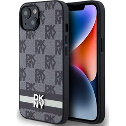 DKNY PU kožený zadný kryt s károvaným vzorom a pruhmi pre iPhone 14 Black