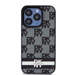 DKNY PU kožený zadný kryt s károvaným vzorom a pruhmi pre iPhone 15 Pro Black