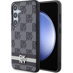 DKNY PU kožený zadný kryt s károvaným vzorom a pruhmi pre Samsung Galaxy S24 Black