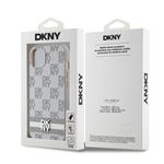 DKNY PU kožený zadný kryt s kockovaným vzorom a pruhmi pre iPhone 13 béžový
