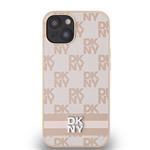 DKNY PU kožený zadný kryt s kockovaným vzorom a pruhmi pre iPhone 13 Pink