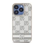 DKNY PU kožený zadný kryt s kockovaným vzorom a pruhmi pre iPhone 13 Pro Beige