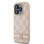 DKNY PU kožený zadný kryt s kockovaným vzorom a pruhmi pre iPhone 13 Pro Max Pink