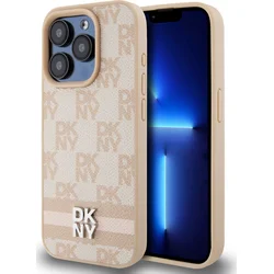 DKNY PU kožený zadný kryt s kockovaným vzorom a pruhmi pre iPhone 13 Pro Max Pink
