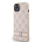 DKNY PU kožený zadný kryt s kockovaným vzorom a pruhmi pre iPhone 14 Pink