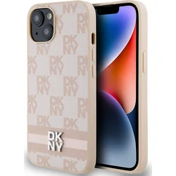 DKNY PU kožený zadný kryt s kockovaným vzorom a pruhmi pre iPhone 14 Pink