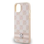 DKNY PU kožený zadný kryt s kockovaným vzorom a pruhmi pre iPhone 15 Pink