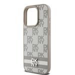 DKNY PU kožený zadný kryt s kockovaným vzorom a pruhmi pre iPhone 15 Pro Beige