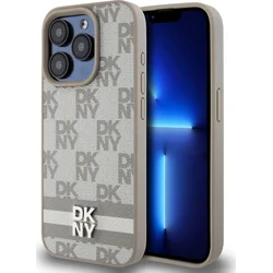 DKNY PU kožený zadný kryt s kockovaným vzorom a pruhmi pre iPhone 15 Pro Beige