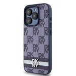 DKNY PU kožený zadný kryt s kockovaným vzorom a pruhmi pre iPhone 15 Pro Blue