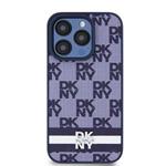 DKNY PU kožený zadný kryt s kockovaným vzorom a pruhmi pre iPhone 15 Pro Blue