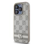 DKNY PU kožený zadný kryt s kockovaným vzorom a pruhmi pre iPhone 15 Pro Max Beige